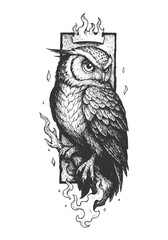 Textured owl perched inside a stylized flame frame, black and white illustration blending natural feather detail with bold fire motif.