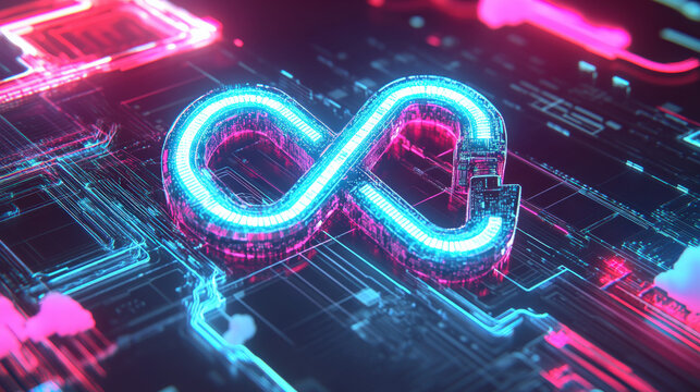 cybernetic lock shaped like infinity symbol over cloud computing matrix no text clean background illustration concept scene visual for commercial design use high detail quality stock image