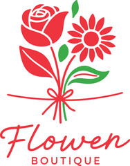 Obraz premium Vibrant Flower Boutique logo featuring a stylized red rose and sunflower bouquet, perfect for a modern floral business