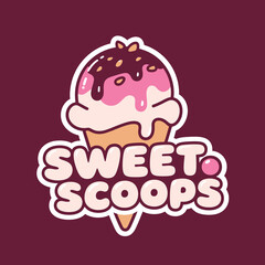 Sweet Scoops ice cream logo with a cute, colorful cartoon cone, ideal for an ice cream parlor or dessert shop