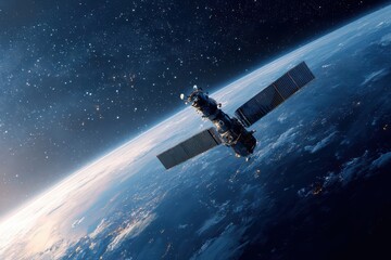 Fototapeta premium Sleek High-Tech Artificial Satellite Orbiting Earth Amid Twinkling Stars