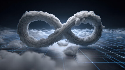 cybernetic lock shaped like infinity symbol over cloud computing matrix no text clean background illustration concept scene visual for commercial design use high detail quality stock image