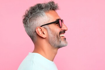 Fototapeta premium Visual idea pattern of style for aging men. A confident and happy man exuding charm. Chic men's textured crop haircut - midlife middle eastern man with short hair. Pink solid background.