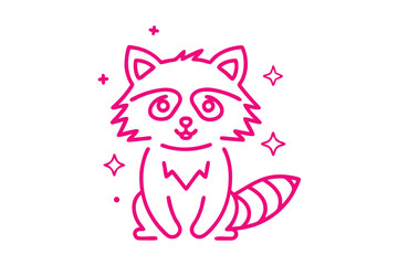 Cartoon Pink Raccoon Outline with Stars on White Background, Cute Animal