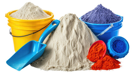 Colorful buckets and powdery sand piles with tools for creative arts and crafts projects in vibrant colors