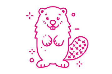 Cute Beaver Icon Outline on White Background with Pink Color