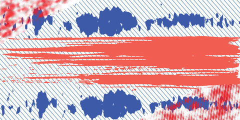 Abstract sports halftone background with dynamic red, white and blue stripes.