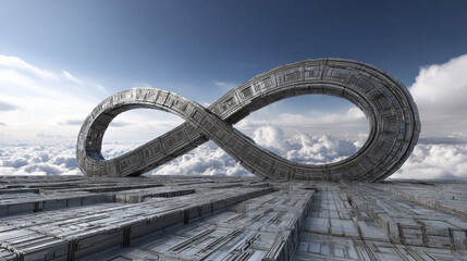 cybernetic lock shaped like infinity symbol over cloud computing matrix no text clean background illustration concept scene visual for commercial design use high detail quality stock image