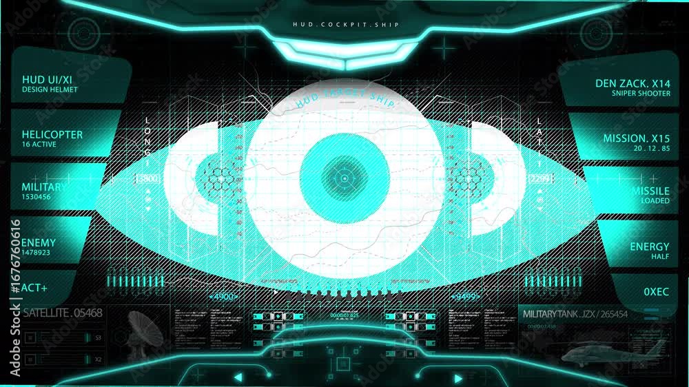 Poster futuristic hud cockpit interface with digital eye scan and data visualization