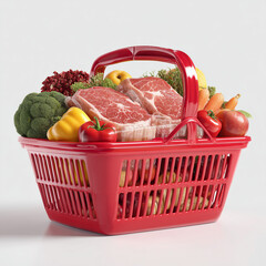 red supermarket shopping basket filled with assorted fresh fruits, colorful vegetables, and packaged trays of raw meat and chicken, placed on a clean white background,