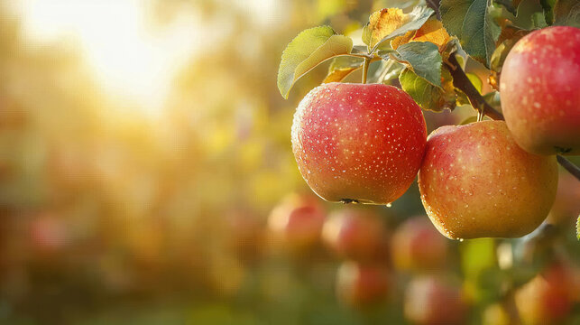 Ripe red apple with water droplets hanging on tree branch in orchard at sunrise, fresh and healthy fruit with green leaves, natural sunlight and bokeh background
