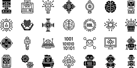 Collection of 35 Black and White Icons Depicting Artificial Intelligence, Robotics, Neural Networks, and Smart Technology Concepts