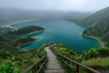 Fototapeta premium Spectacular Volcanic Crater Lake with Verdant Surroundings and Ethereal Mist, Wooden Dock Piercing the Calm Waters