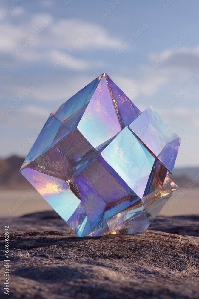 Poster iridescent crystal cube formation resting on rocky surface an abstract display of geometric artistry