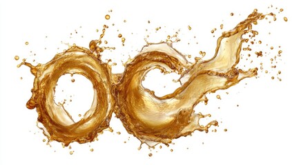 Two overlapping rings of amber liquid, in mid-splash, against white