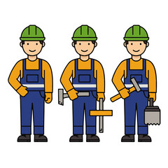 Three cartoon construction workers wearing hard hats and overalls, each holding different tools like a hammer and trowel.