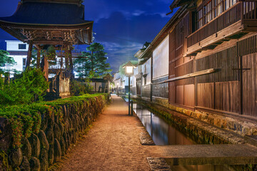 Hida, Gifu, Japan on Shirakabe Dozogai Street at night. 91