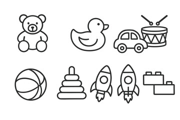 Outline icons of children's toys: teddy duck car drum ball rocket blocks