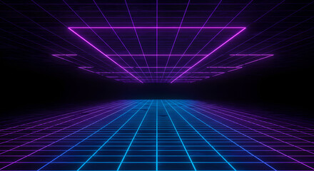 Vibrant Retro-Futuristic Neon Grid: Purple and Blue Lines Extending into a Dark, Infinite Cyberspace.