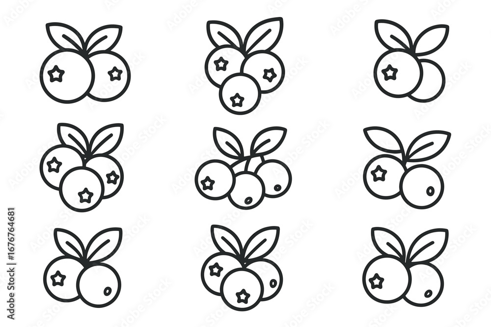 Poster seamless vector pattern of berry icons in linear style with leaves and berries