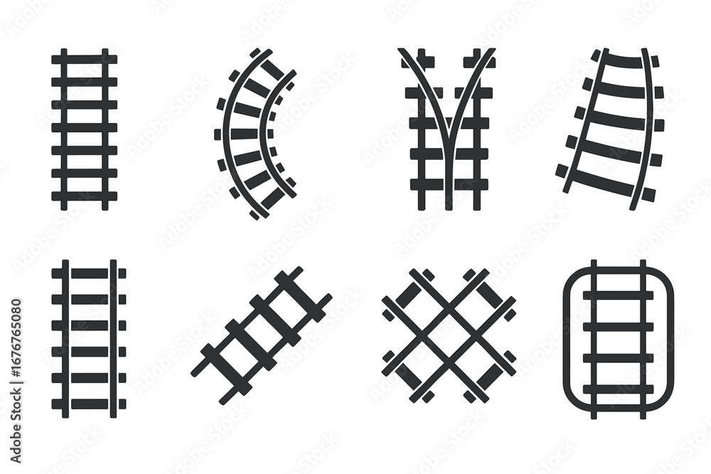 Poster set of simple black rail track icons in different shapes for design projects