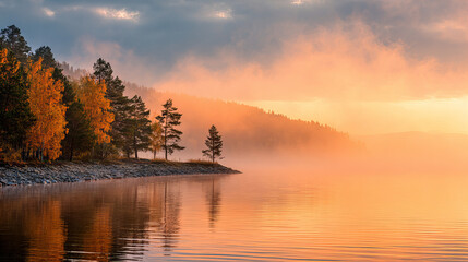 Obraz premium Misty Autumn Sunrise Over River and Forest Landscape with Vibrant Colors