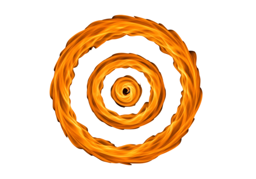Concentric circles of swirling, vibrant orange flames against a stark black backdrop. - Powered by Adobe