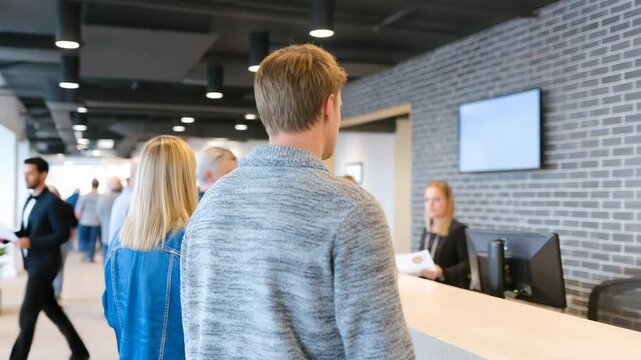 Reception Area Dynamics: A diverse group navigates a modern reception area. The composition highlights the interaction between the receptionist and the diverse individuals within the dynamic space.
