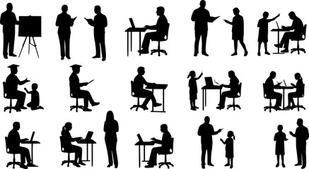 Set of teacher and student silhouette interactions, educational concept vector with children and adults in various learning scenes	