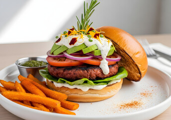Savor this gourmet plant-based burger masterpiece, stacked high with fresh avocado, vibrant tomato, and creamy sauce, served alongside crispy sweet potato fries for an utterly delicious, healthy meal 
