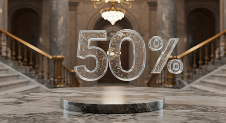 Elegant 50% Discount Symbol Floating Above a Pedestal in a Grand Marble Hallway Interior