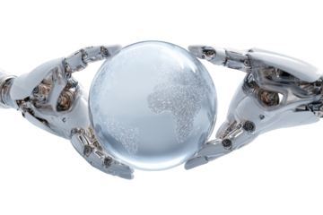 Robotic hands holding a translucent globe