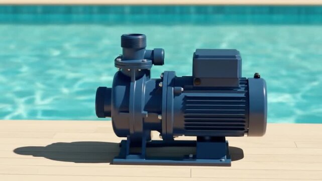 Blue water pump on bright surface with blurred pool background equipment and machine technology