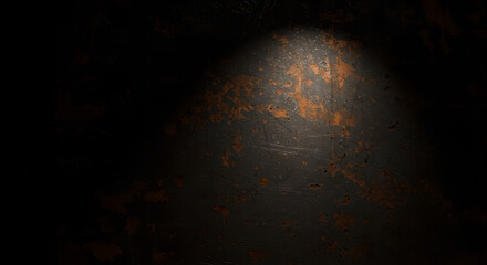 Dark, Grungy, and Rusted Metal Texture with Spotlight Illumination, Perfect for Industrial Backgrounds and Abstract Concepts