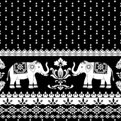 Fototapeta premium White elephant pattern on black background in traditional Thai style, decorated with floral and geometric motifs. Perfect for wallpaper, textile, fabric, and decorative design.