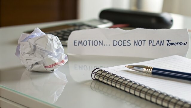 Thought provoking desk scene with crumpled paper inspiration quote