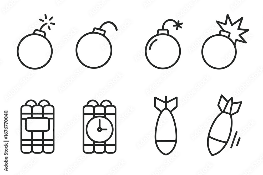 Poster collection of simple bomb and explosive line icons with different designs and variations