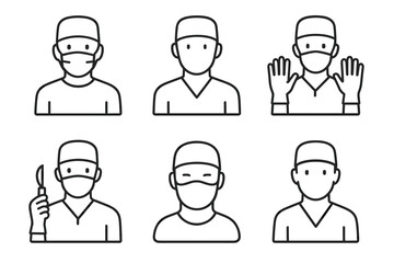 Outline illustrations of surgeons with masks and gloves