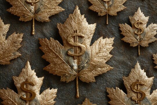 Abstract portfolio filled with us currency symbols and canadian leaves. Global finance news. Despite political strains, canadian portfolios favor us equities over local. Portfolio strategies.
