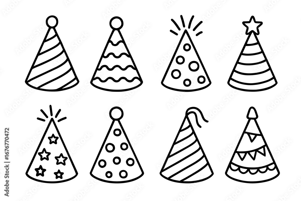 Poster set of eight party hats with various patterns and decorations