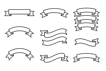 Collection of nine simple and elegant ribbon banner designs in black outline