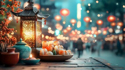 Colorful and lively festival night market with illuminated traditional lanterns festive stalls and a joyful crowd enjoying the atmosphere and shopping