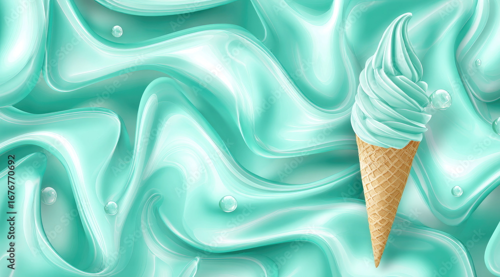 Poster mint pastel swirl soft ice cream cone waffle texture smooth creamy background glossy surface abstrac
