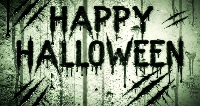 Happy Halloween text with dripping blood effect and claw marks on a distressed background.