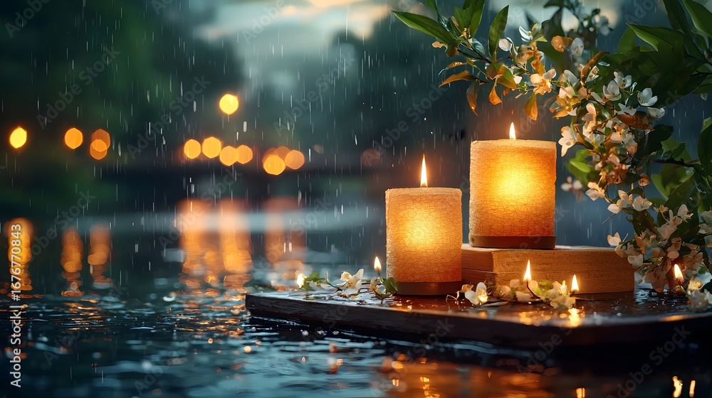 Aufkleber serene and magical scene of glowing paper lanterns and candles floating on the reflective surface of