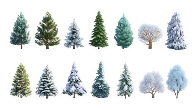 A collection of snow-covered evergreen trees