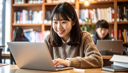 日本人女子学生がノートパソコンでオンライン授業を受けている様子
