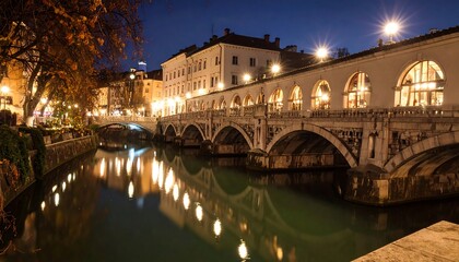 Obraz premium Night cityscape of a European city with a bridge over a calm river