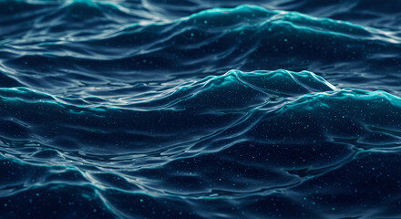 Abstract view of deep blue ocean waves, sparkling with luminous turquoise and mysterious ethereal particles.