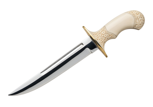 A meticulously crafted dagger with a decorative bone handle and polished steel blade.